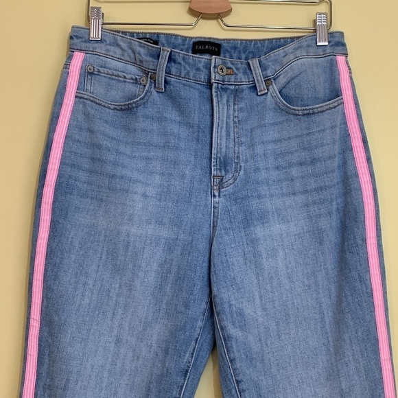 Talbots Modern Ankle Pink White Tape Embellished Amalfi Wash Blue Denim Jeans 10 - Picture 4 of 17